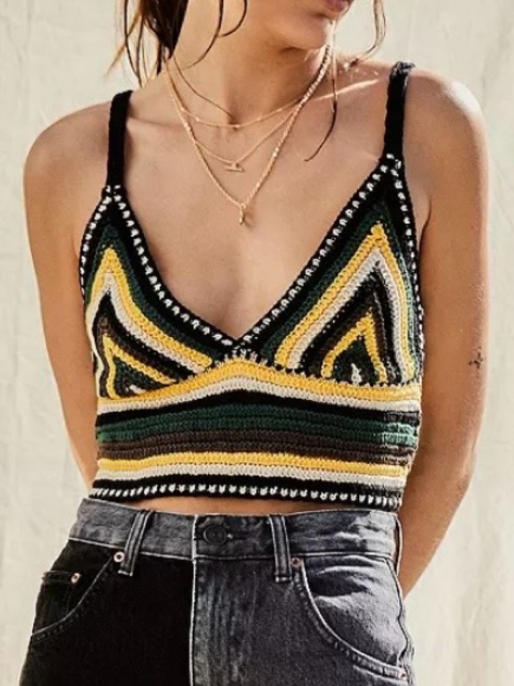 Crochet Striped Bralette Tank Top Green/Yellow/Black/ Brown Excellent Condition - Picture 3 of 8